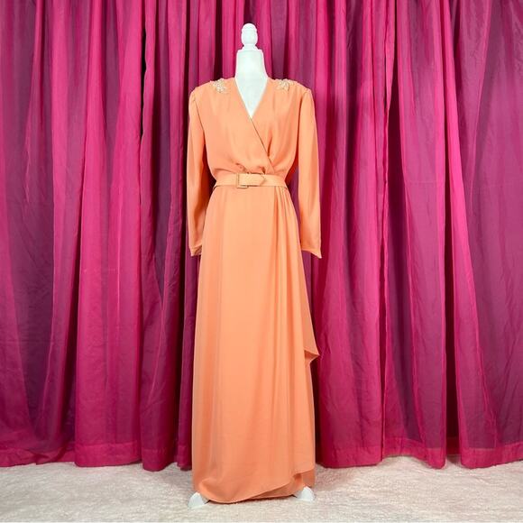 Vintage 80s unbranded Peach chiffon maxi dress, size small - Picture 1 of 11
